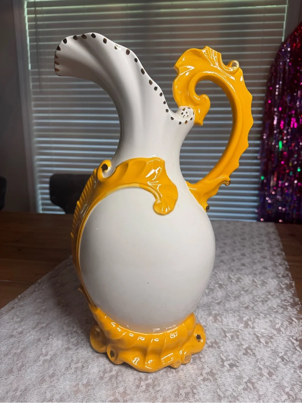 Yellow and White Decorative Floral Ceramic Pitcher - Home Accents